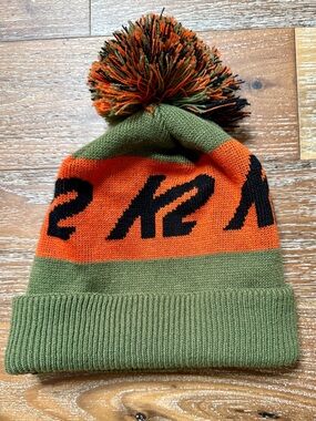 K2 Olive Green and Orange Winter Ski Pom Beanie Knit Cap